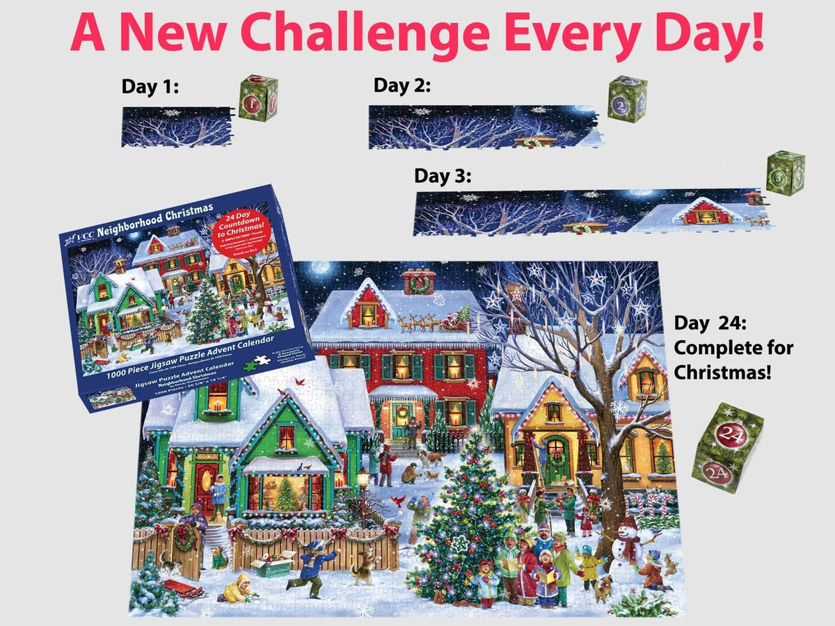 Neighborhood Christmas Advent Calendar 1000 Pieces | Vermont Christmas Co - Jigsaw Puzzles - The Puzzle Center