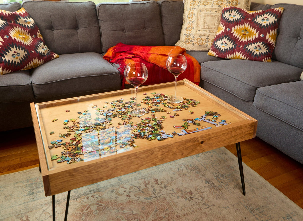 Rustic Puzzle Coffee Table with removable glass top - includes 2 hidden drawers - 24x36" - Furniture - The Puzzle Center