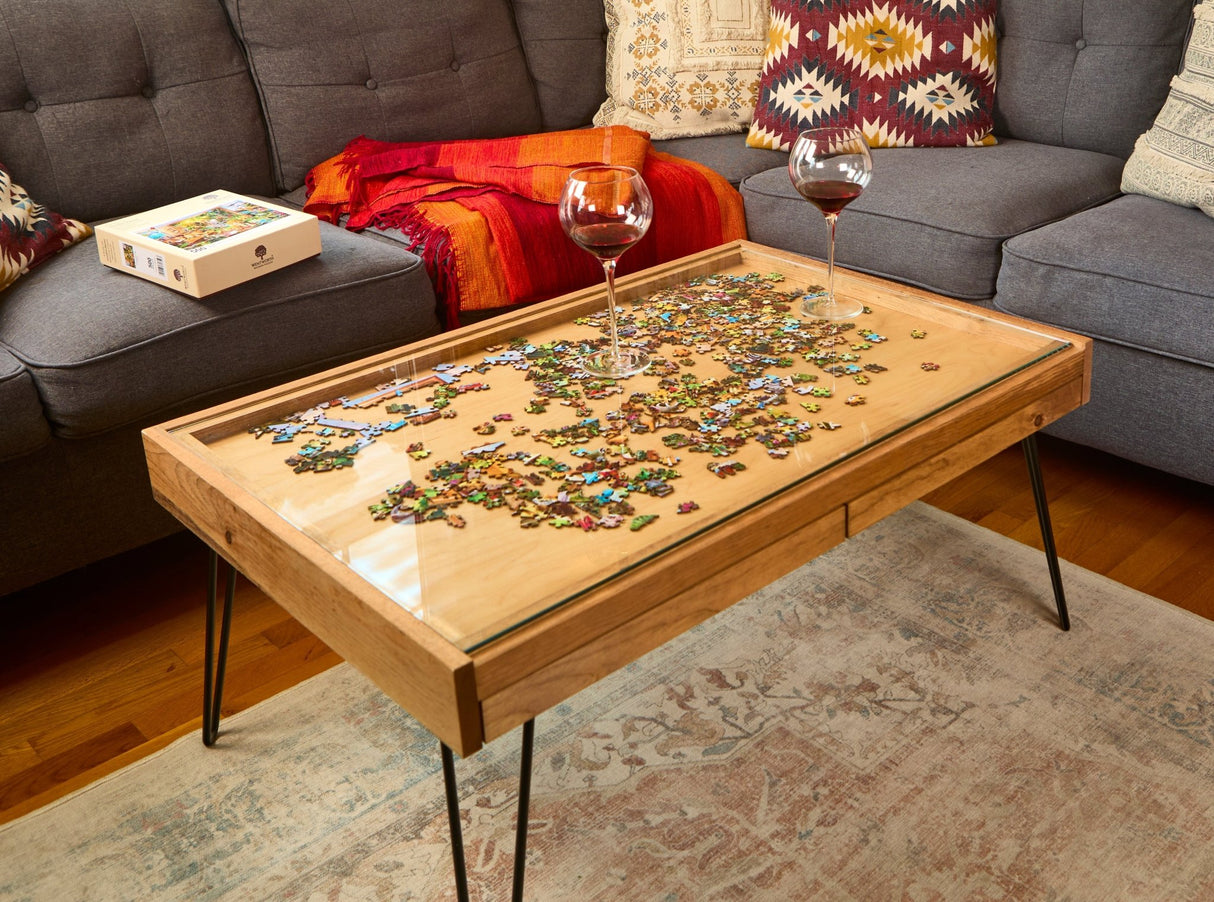 Rustic Puzzle Coffee Table with removable glass top - includes 2 hidden drawers - 24x36" - Furniture - The Puzzle Center