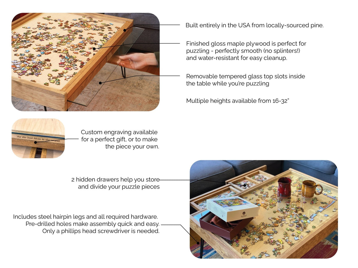 Rustic Puzzle Coffee Table with removable glass top - includes 2 hidden drawers - 24x36" - Furniture - The Puzzle Center