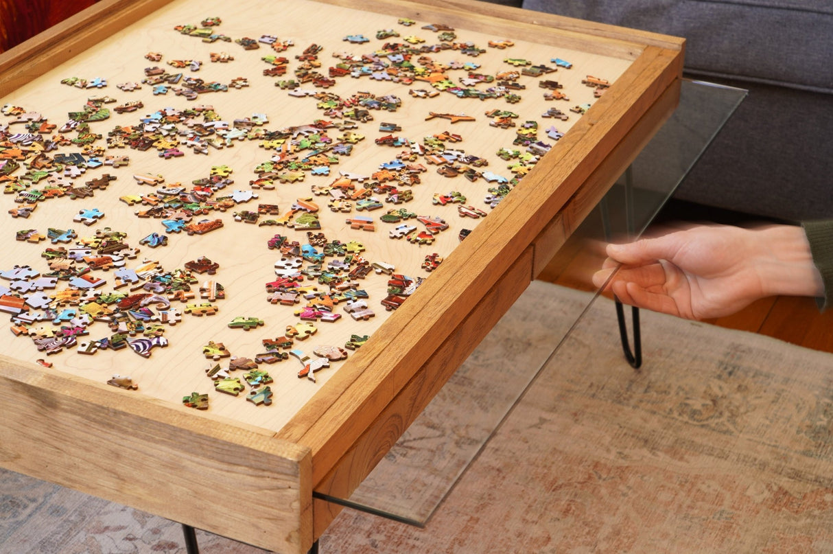 Rustic Puzzle Coffee Table with removable glass top - includes 2 hidden drawers - 24x36" - Furniture - The Puzzle Center