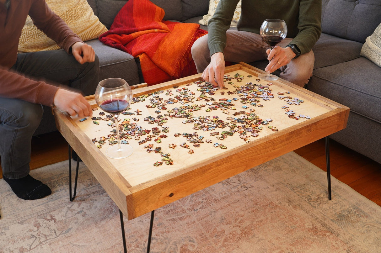 Rustic Puzzle Coffee Table with removable glass top - includes 2 hidden drawers - 24x36" - Furniture - The Puzzle Center