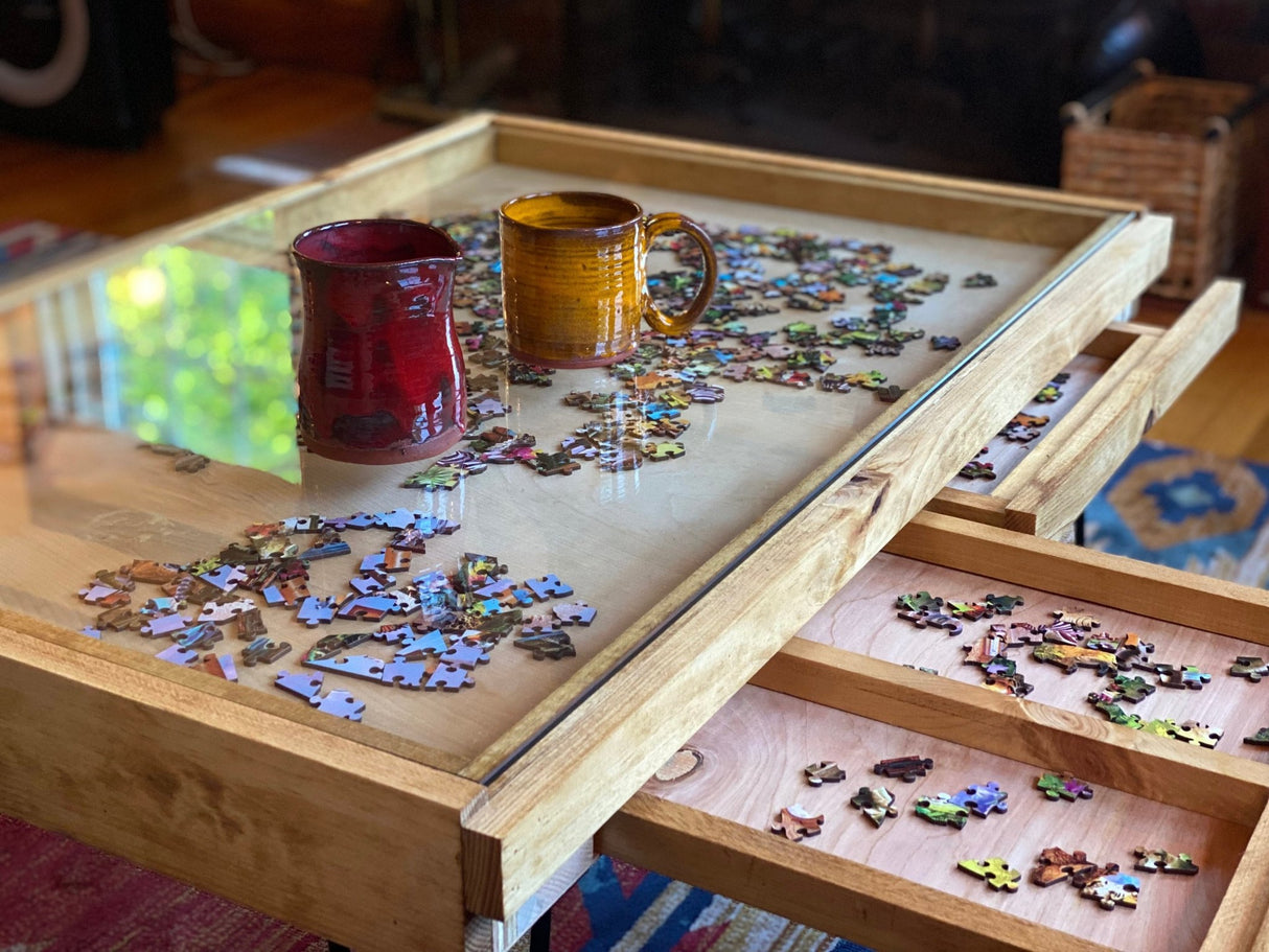 Rustic Puzzle Coffee Table with removable glass top - includes 2 hidden drawers - 24x36" - Furniture - The Puzzle Center