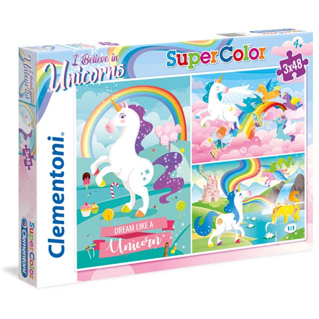 Supercolor Puzzle - 3 Puzzles 48 pieces each - Unicorn Brilliant by Clementoni - Clementoni - Jigsaw Puzzles - The Puzzle Center -