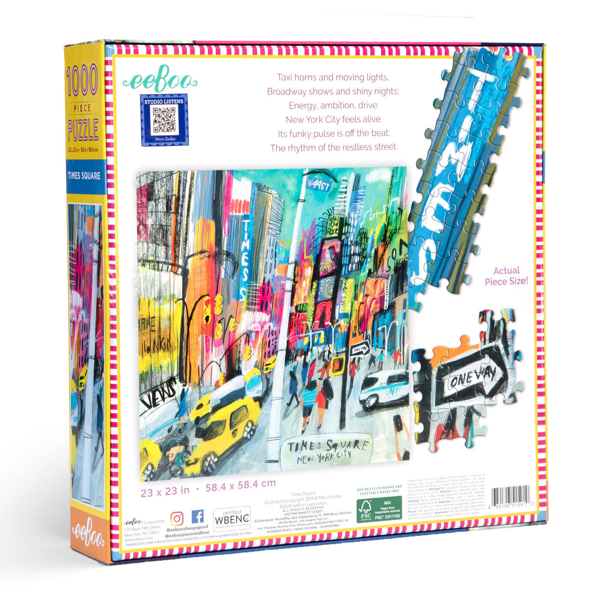 Back of the box for the Times Square 1000 piece jigsaw puzzle by eeBoo Piece and Love showing the puzzle