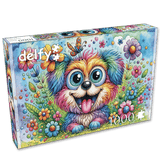 Vibrant colored dog puzzle featuring a rainbow puppy and floral scene by Delfy Puzzles