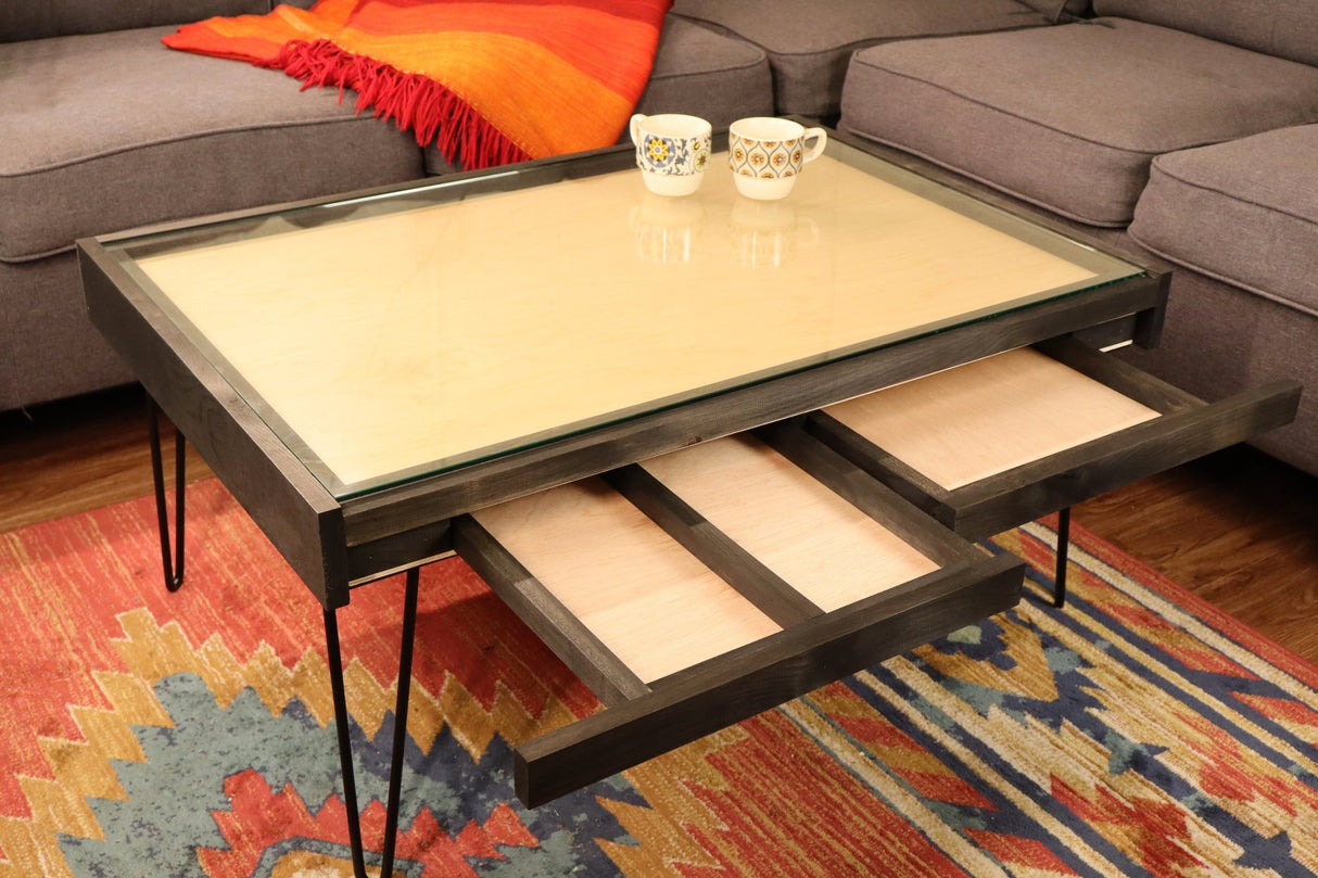 Rustic Puzzle Coffee Table with removable glass top - includes 2 hidden drawers - 24x36" - Furniture - The Puzzle Center