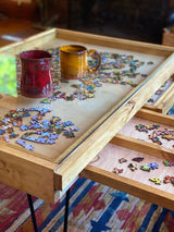 Rustic Puzzle Coffee Table with removable glass top - includes 2 hidden drawers - 24x36" - Furniture - The Puzzle Center