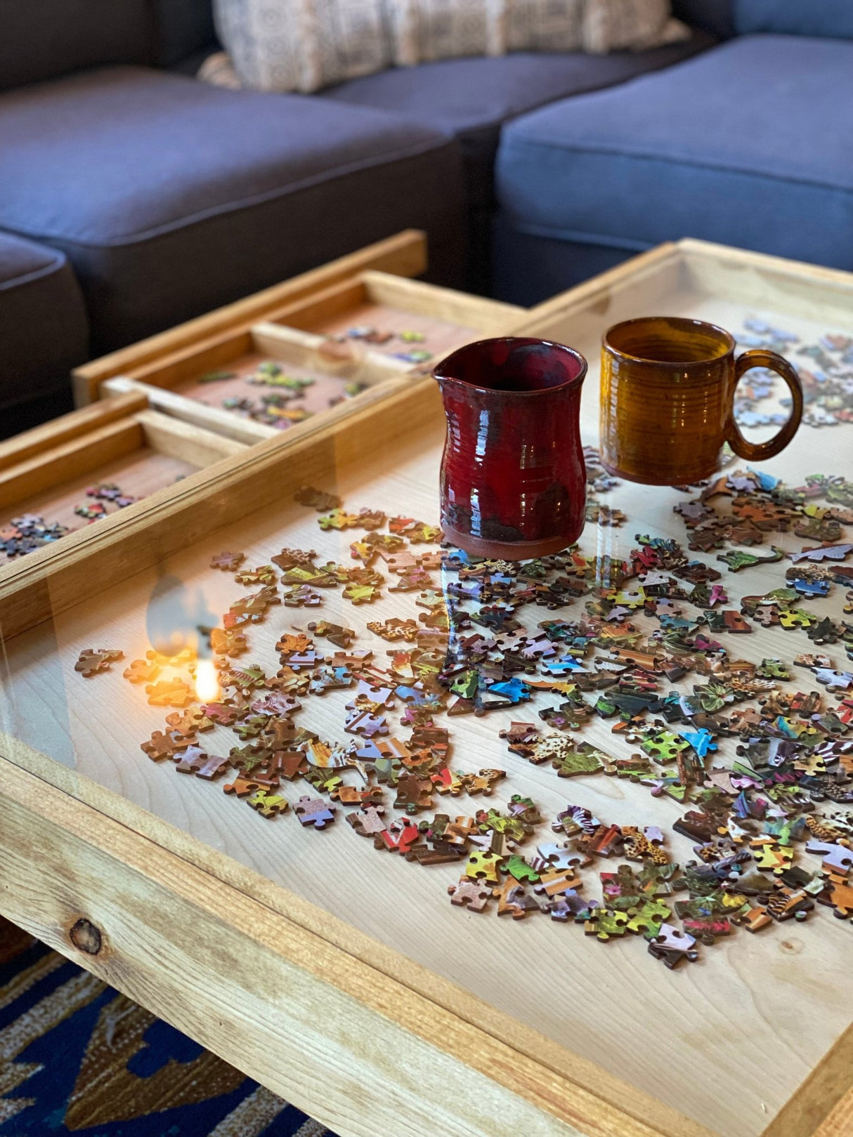 Rustic Puzzle Coffee Table with removable glass top - includes 2 hidden drawers - 24x36" - Furniture - The Puzzle Center