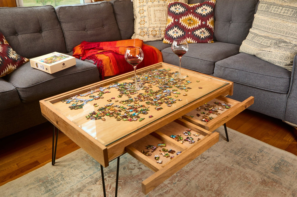 Rustic Puzzle Coffee Table with removable glass top - includes 2 hidden drawers - 24x36" - Furniture - The Puzzle Center
