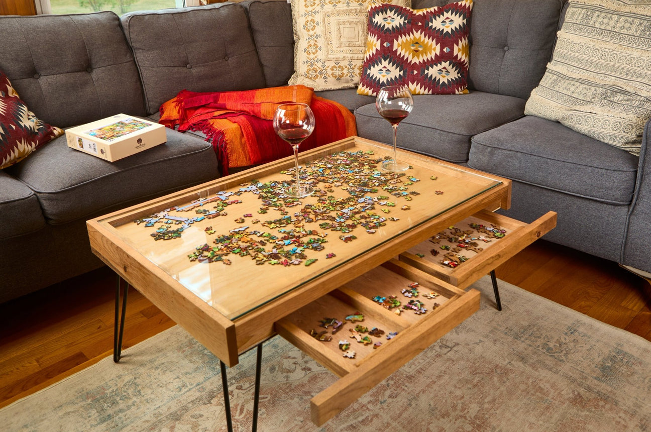Rustic Puzzle Coffee Table with removable glass top - includes 2 hidden drawers - 24x36" - Furniture - The Puzzle Center