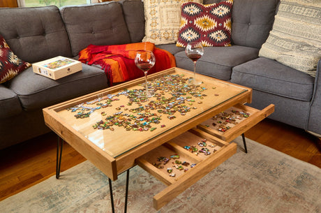 Rustic Puzzle Coffee Table with removable glass top - includes 2 hidden drawers - 24x36" - Furniture - The Puzzle Center
