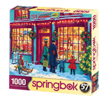 Toy Shop 1000 piece puzzle by Springbok featuring a festive Christmas toy shop with children window shopping and lots of detail