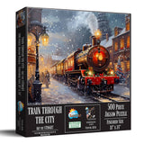 500 piece jigsaw puzzle of a train in a winter cityscape by SunsOut, showcasing vibrant urban life.